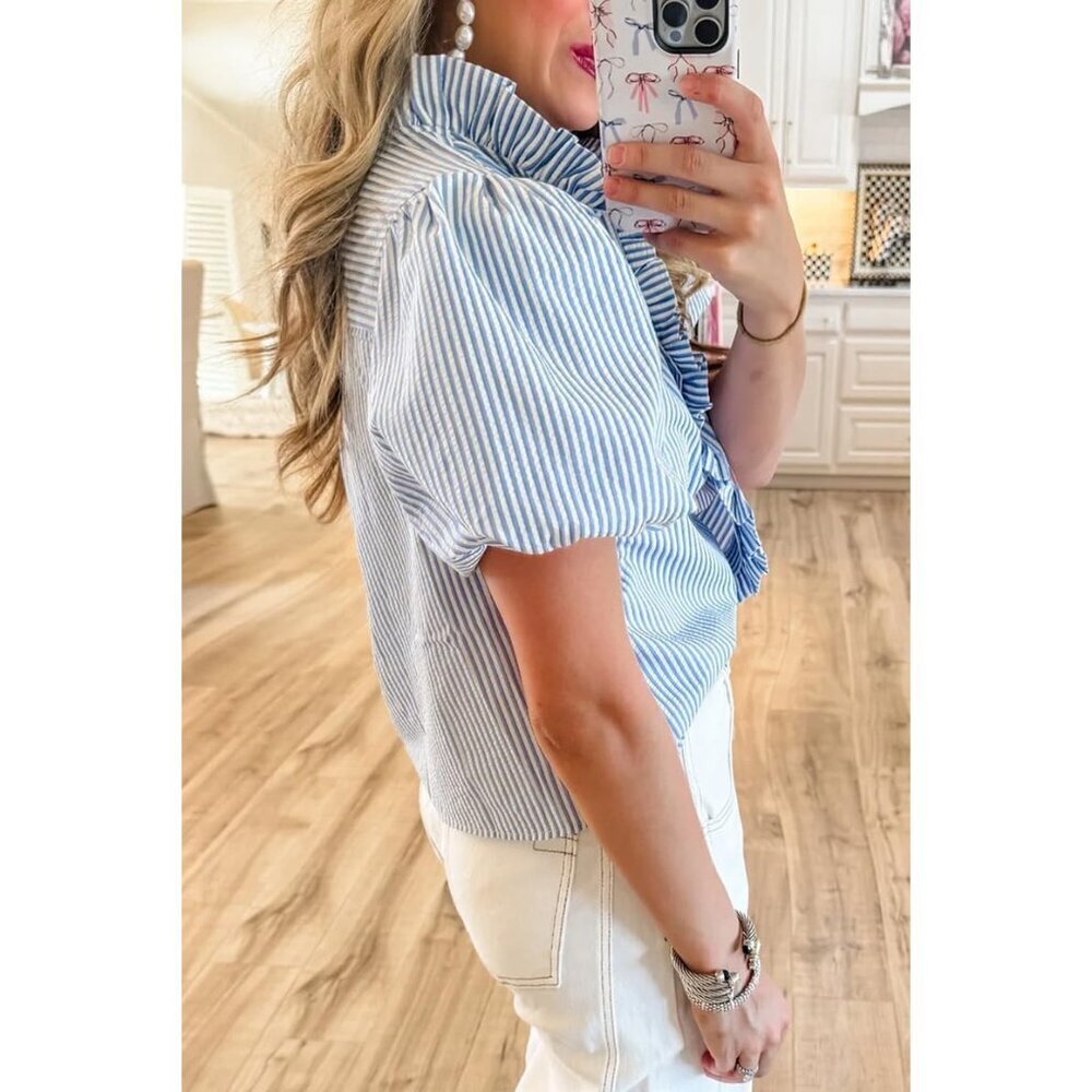 Women's Striped Button Down Shirt Casual Work Top Ruffle Stand Collar - Picture 2 of 8